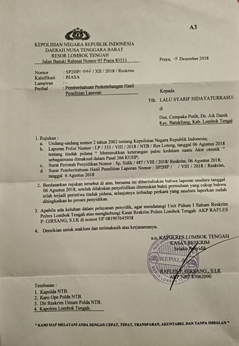 Polres Lombok Tengah Didesak Ungkap Kasus Pemalsuan Akte yang Belum Jelas”