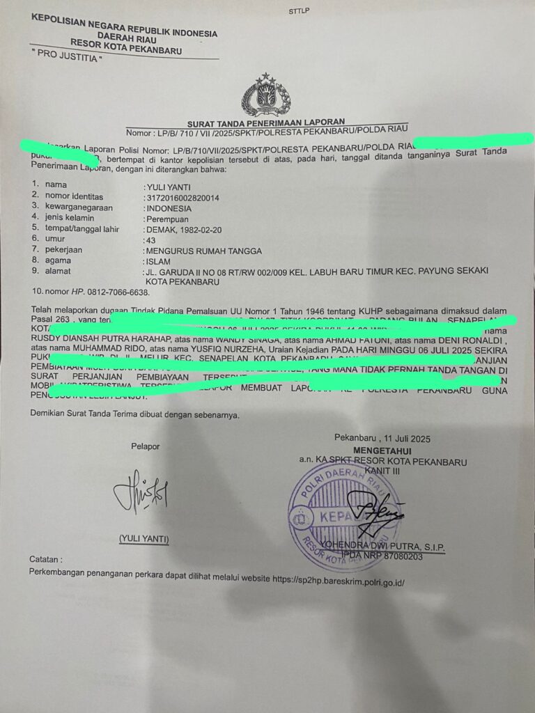 Merasa Diduga Tertipu, Nasabah Yuli Laporkan Oknum Sales MR dan Head Sales DR PT. ATS dan Oknum Sales Head PT. TF ke Polresta Pekanbaru